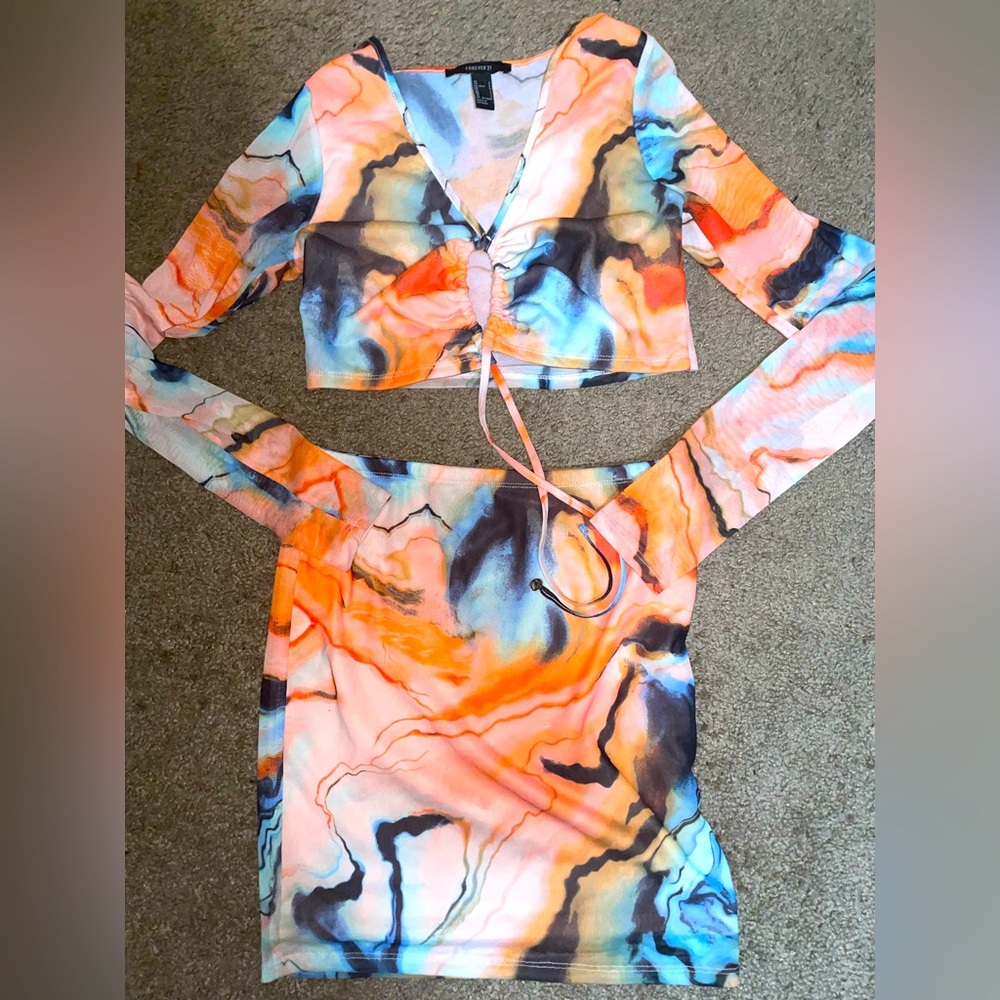 2 piece multicolor scrunch tie crop top and mini skirt